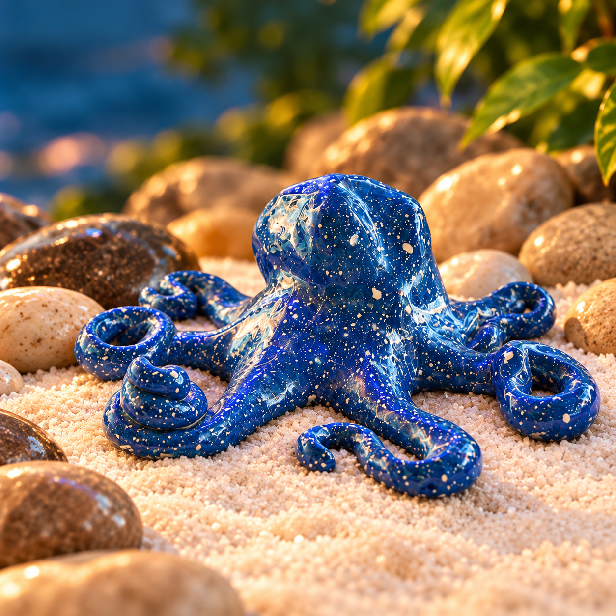Figura de pulpo azul en cerámica hecha a mano